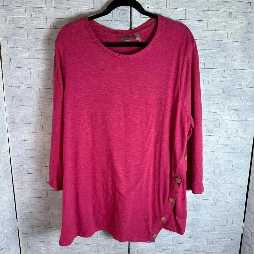 Chicos Womens Elevated‎ T-shirt buttons on left side pink casual Lagenlook